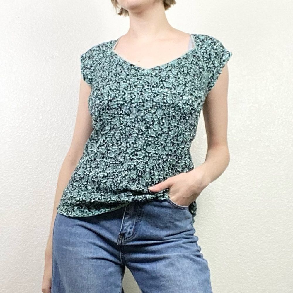 Vintage y2k Style & Co Aqua & Black Floral Cap Sleeve Blouse Top